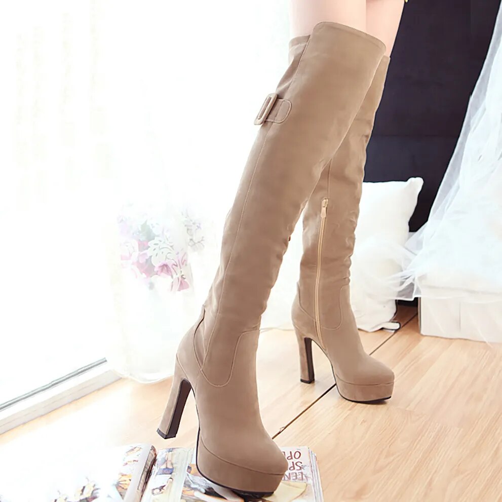 Super High Square Heel Rose Red Warm Snow Boots Waterproof