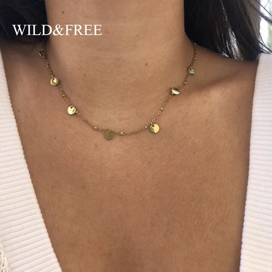 Wild & Free Stainless Steel Round Gold Plated Disc Choker Necklace For Women