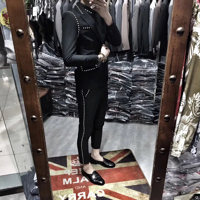 Beach Wedding Outfit Men: Slim Suit Two-piece Suit Nightclub Rivet Coat Smoking