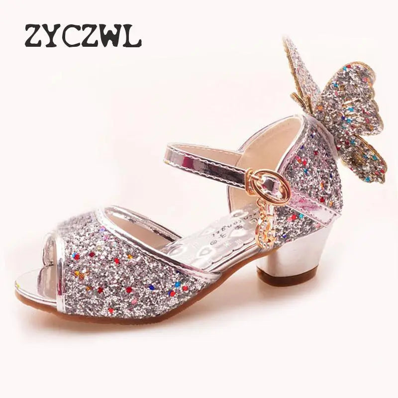 Girls Sandals Rhinestone Butterfly pink Latin dance shoes 5-13 years old 6 children 7 summer high Heel Princess shoes kids shoes