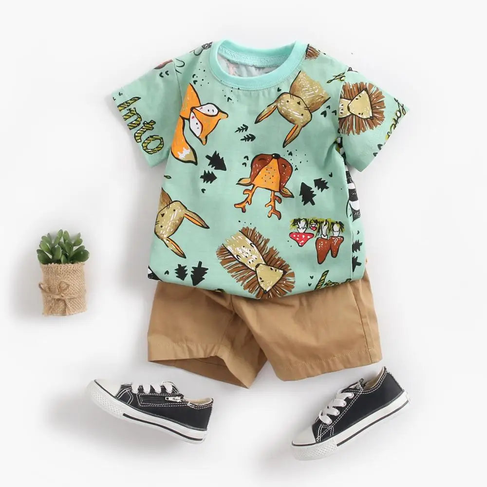 Cartoon Boys Clothing Sets Summer Short Sleeve Cotton Baby Tops + Baby Shorts 2Pcs Casual