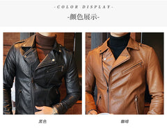 Men Faux Leather Jacket Oblique Zipper Jackets Motorcycle Black Jaqueta De Couro