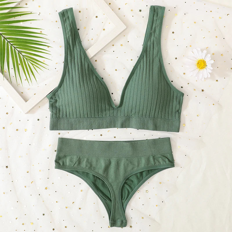 Seamless Underwear Set Women Sport Lingerie Set Wireless Deep V Bra