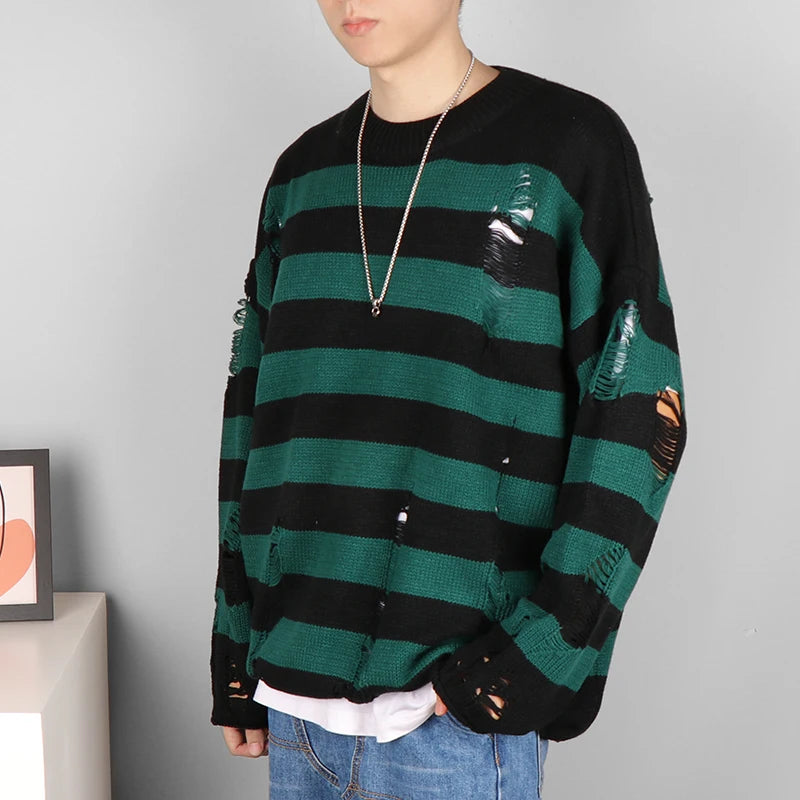 Black Stripe Sweaters Destroyed Ripped Sweater Men Pullover Hole Knit Jumpers Men