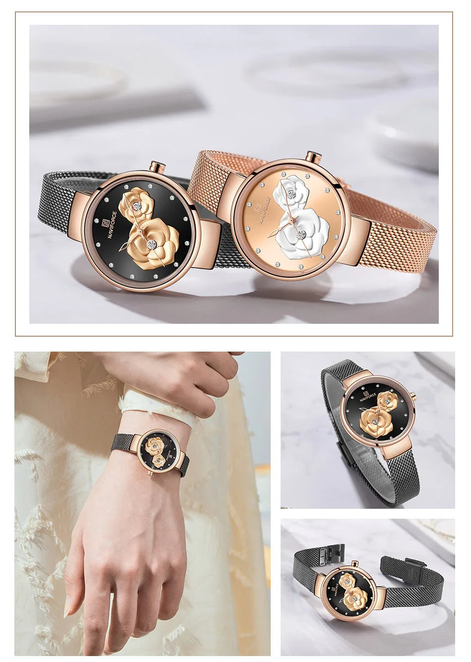 Women Watch NAVIFORCE Top Luxury Brand Steel Mesh Waterproof Ladies Watches Flower Quartz Female Wristwatch Charming Girl Clock