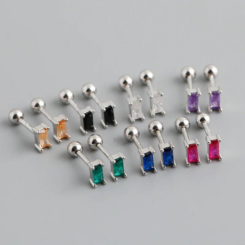 WANTME 925 Sterling Silver Colorful Square Shiny Zircon Beads Piercing Stud Earrings for Women Fashion Gothic Exquisite Jewelry