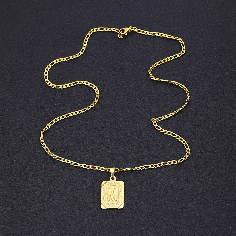 Initial Letter Pendant Necklace Stainless Steel Golden Cuban Chain A-Z Alphabet