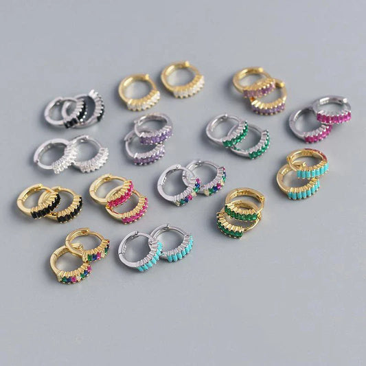 925 Sterling Silver Earring Fashion Rectangle Color Zircon Round Ear Ring Ear Bone Wild Trend Sweet Simple Women Girl Ear Jewelr