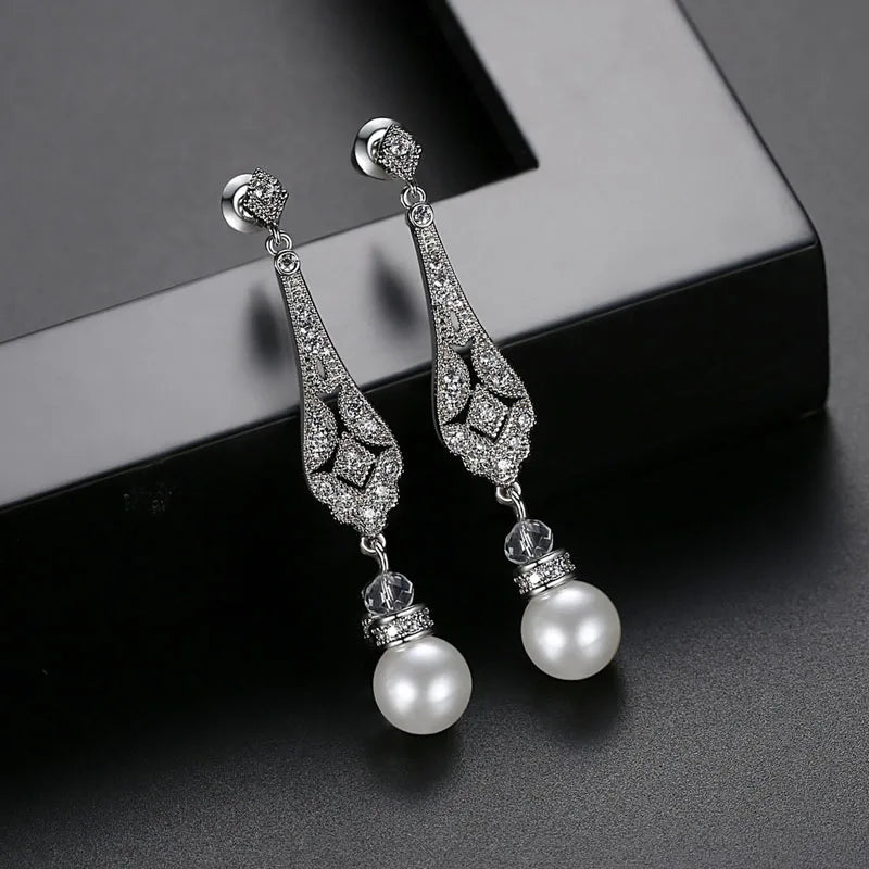 SLBRIDAL Pave Setting Fashion CZ Crystal Pearl Women Girls Earring AAA Grade Cubic Zircon Earring Bridal Wedding Dangle Earring