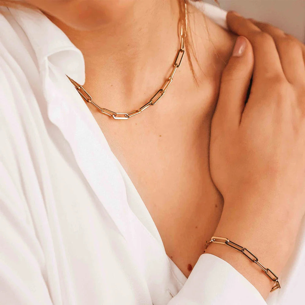 eManco  Hot Fashion Paperclip Link Chain Women Necklace Stainless Steel Gold Color Chain Necklace For Women Men Jewelry Gift