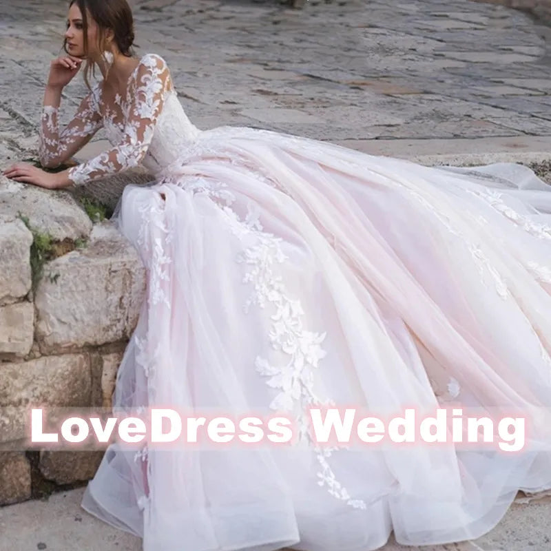 White Bridesmaid Dresses: Pink Long Sleeves Wedding Dress Ball Gown Lace Appliques
