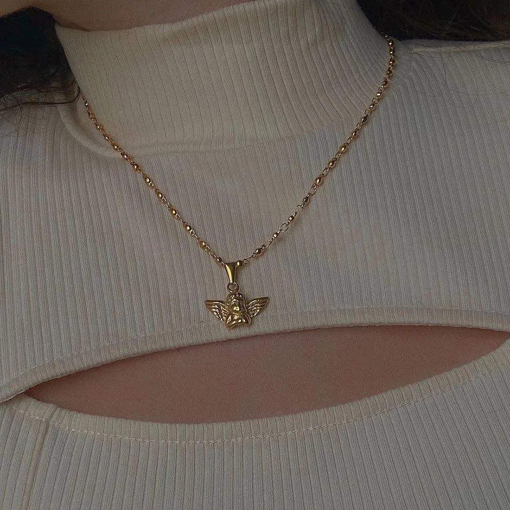 Bohemia Multilayer Cherub Pendant Chain Necklace For Women Trendy Gold-plate Big