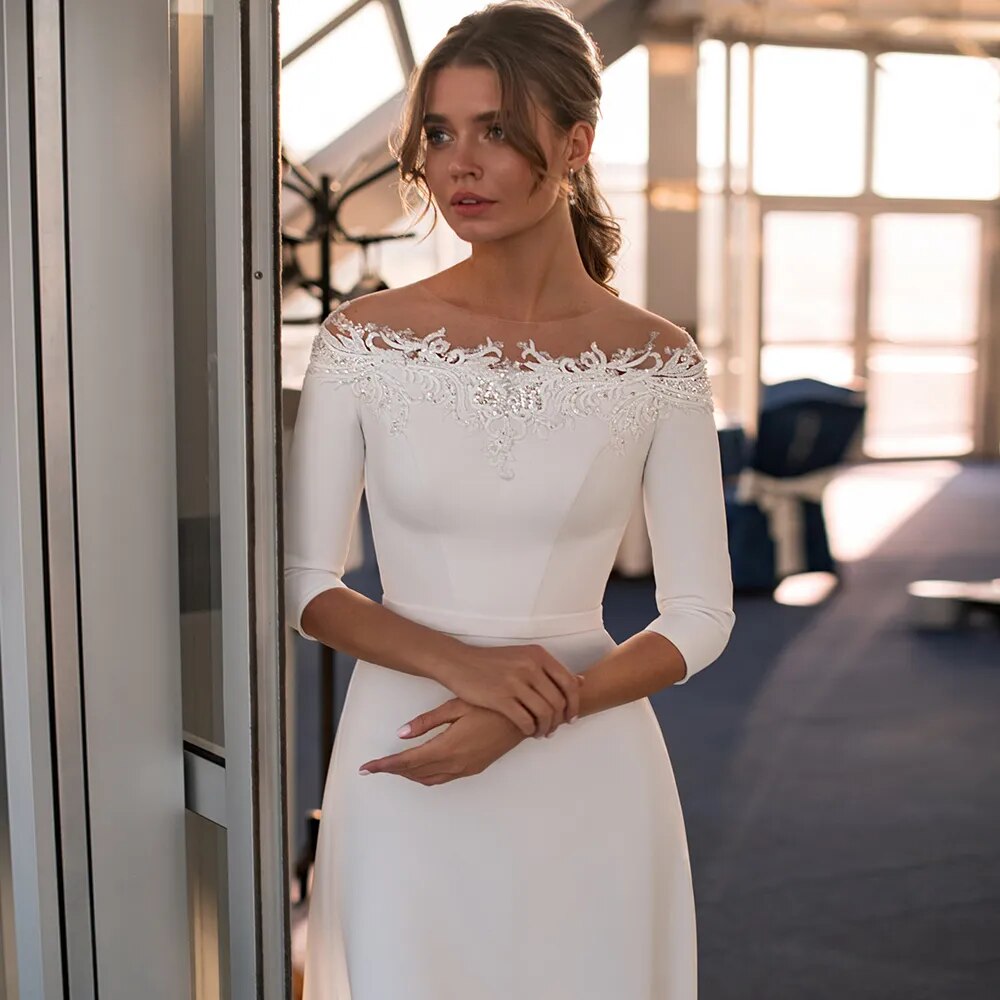 Simple Wedding Dress Elegant New Arrival Boat Neck 3/4 Sleeves Beading Appliques A Line Jersey Bridal Gown Robe De Mariee