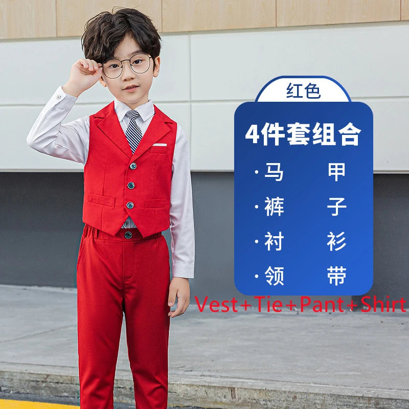 Boy Top Ring Bearer Waistcoat Clothes Set Kids Formal Suits Child Tie Long Sleeve Shirt Vest Trousers Toddler Gentleman Outfits