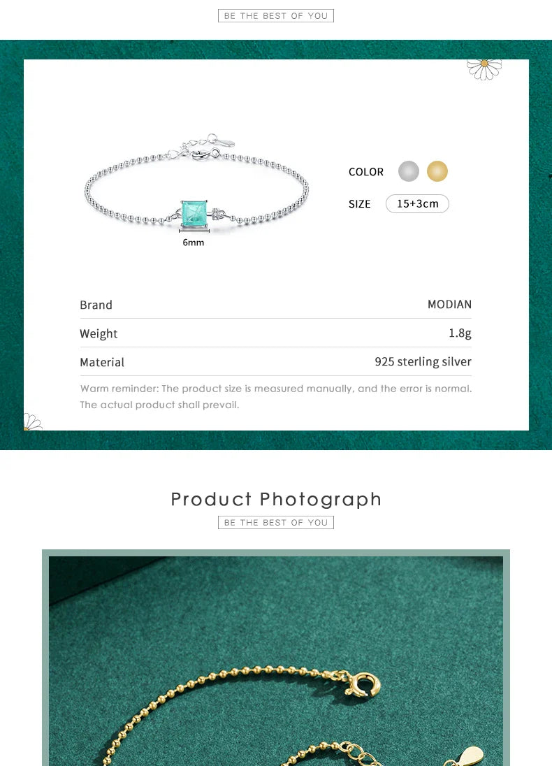 Modian 2021 New Real 925 Sterling Silver Luxury Square Tourmaline Beads Chain Bracelet For Women Paraiba Fine Statement Jewelry