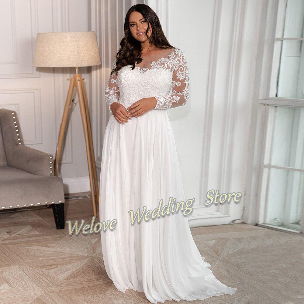 Chiffon Plus Size Summer Wedding Dress Long Sleeves Floor Length