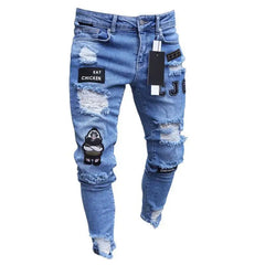 Men Stretchy Ripped Skinny Biker Embroidery Cartoon Print Jeans Destroyed Hole