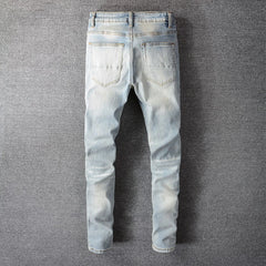 Men Crystal Holes Ripped Patchwork Jeans Streetwear Light Blue Denim Slim