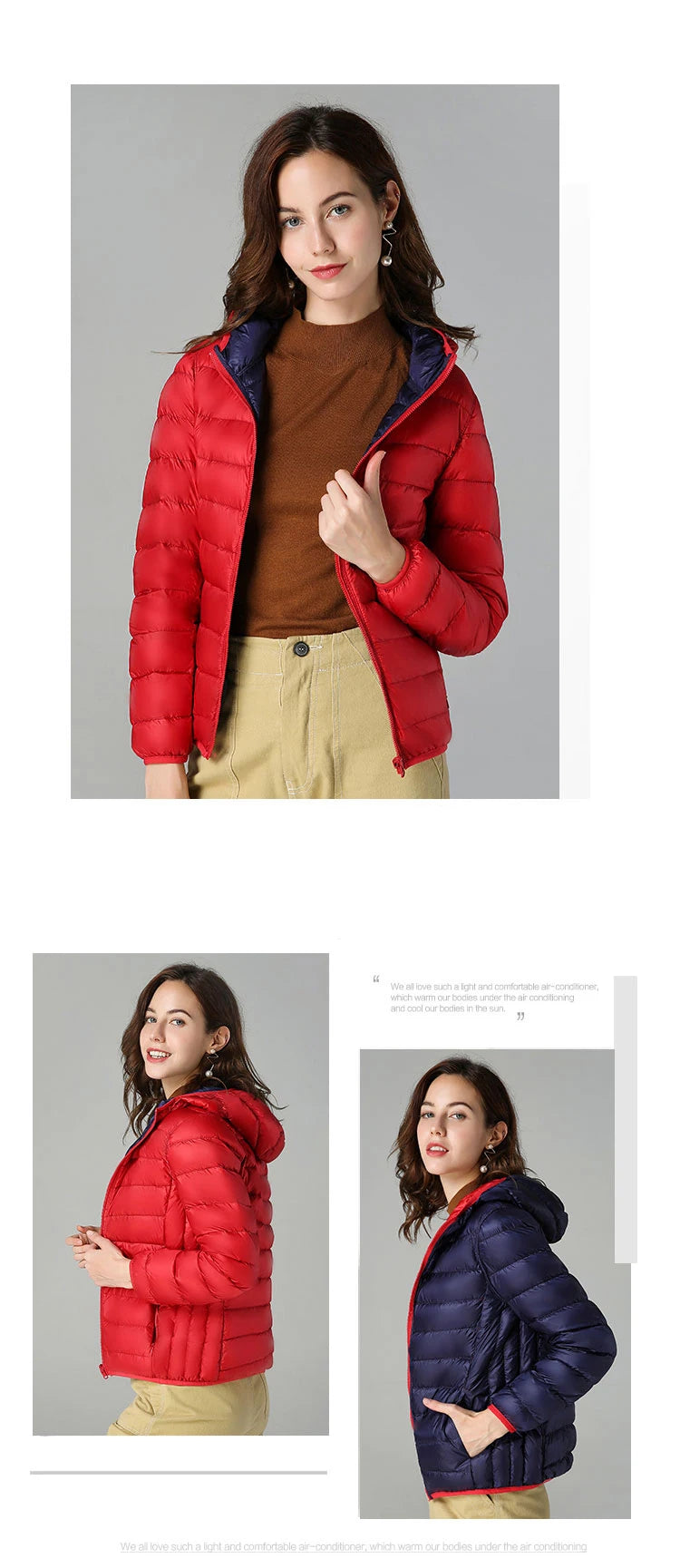 Women Ultra Light 90% Duck Down Jacket Hooded Jackets Long Sleeve Double
