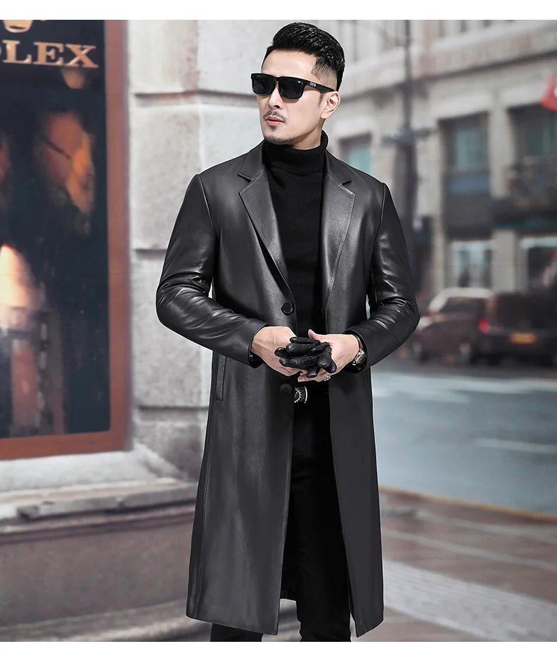 Long Black Mens Leather Blazer Jacket Long Sleeve Lapel Plus Size Faux Leather Coat