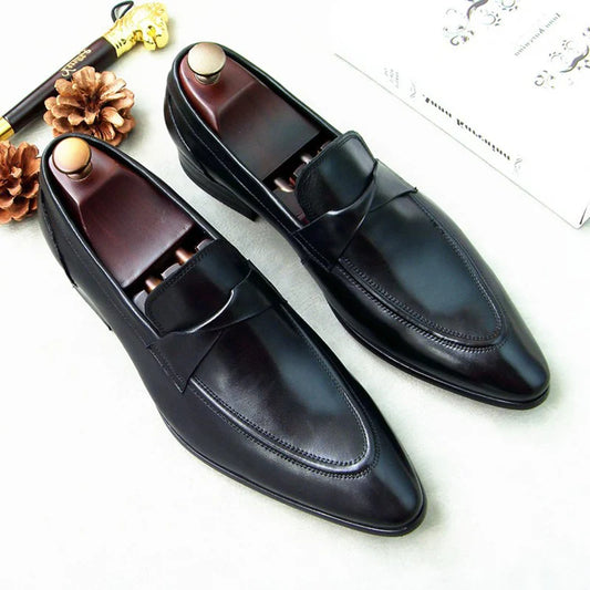 Men's Pointed Toe Black Formal Party Genuine Leather Wedding Casual Flat Patent