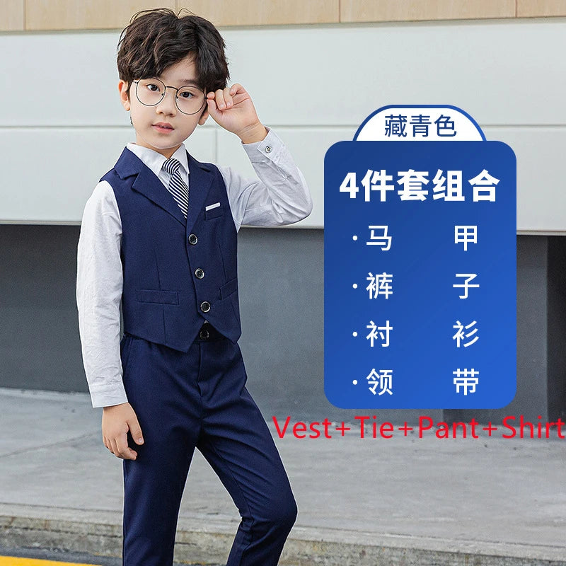 Boy Top Ring Bearer Waistcoat Clothes Set Kids Formal Suits Child Tie Long Sleeve Shirt Vest Trousers Toddler Gentleman Outfits