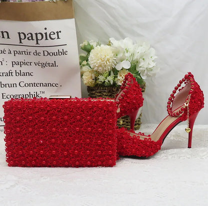 Red Pearl Flower Wedding Shoes With Matching Bags High Heels Pointed Toe Ankle Strap Ladies Party shoe and bag set