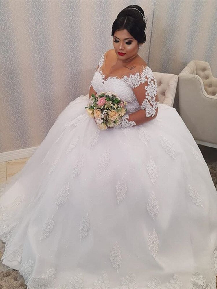 White Bridesmaid Dresses: Lace Wedding Dress Plus Size Illusion Long Sleeve Pearls