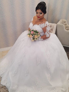 Lace Wedding Dress Plus Size Illusion Long Sleeve Pearls Beading