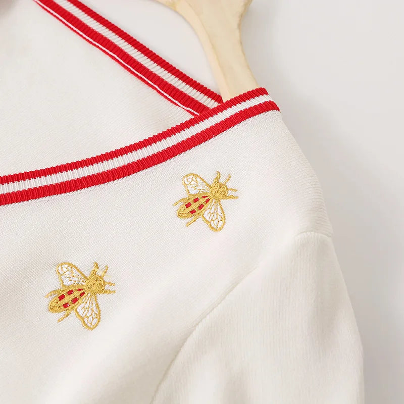 Fashion Designer Bee Embroidery Cardigan Long Sleeve Single Breasted
