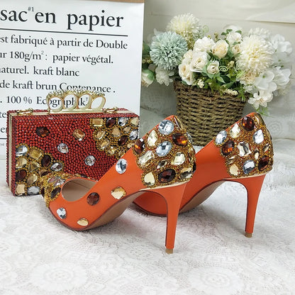 2024 New Ladies Orange Crystal Pointed Toe High Heels Women Wedding Shoes With Matching bags Girl‘s Party Dress Thin Heels