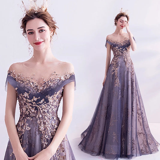 Luxury Party Prom Formal Evening Dress Court Train A-line Illusion Evening Dress