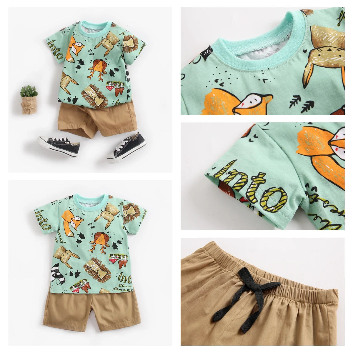 Cartoon Boys Clothing Sets Summer Short Sleeve Cotton Baby Tops + Baby Shorts 2Pcs Casual
