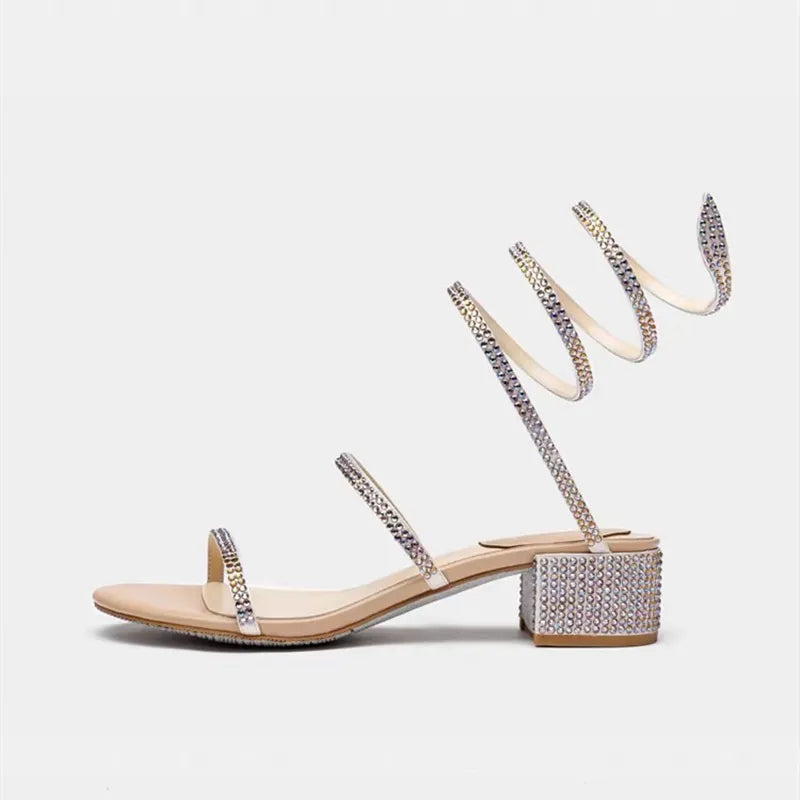 Fashion lady rhinestone diamond sandal big size chunky heel sandals spiral shape shoes low heel sandal z841