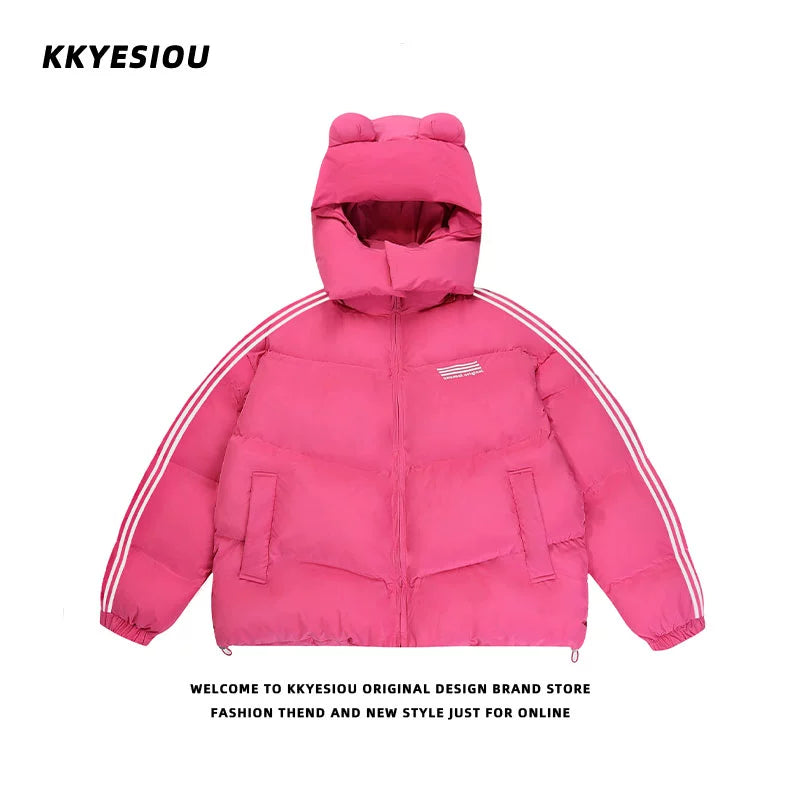 Rose Red Bear Ear Stand Collar Hooded Cotton Coat