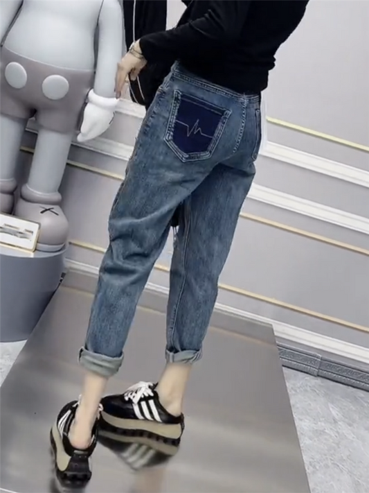 High Waist Contrast Color Ninth Chubby Girl mm Slimming Jeans