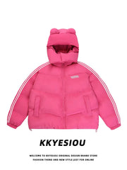 Rose Red Bear Ear Stand Collar Hooded Cotton Coat