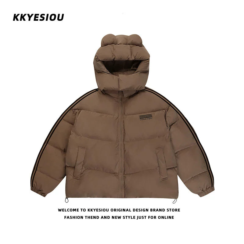 Rose Red Bear Ear Stand Collar Hooded Cotton Coat