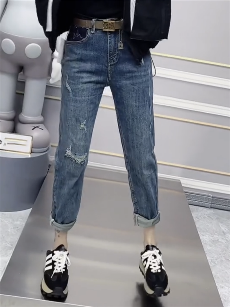 High Waist Contrast Color Ninth Chubby Girl mm Slimming Jeans