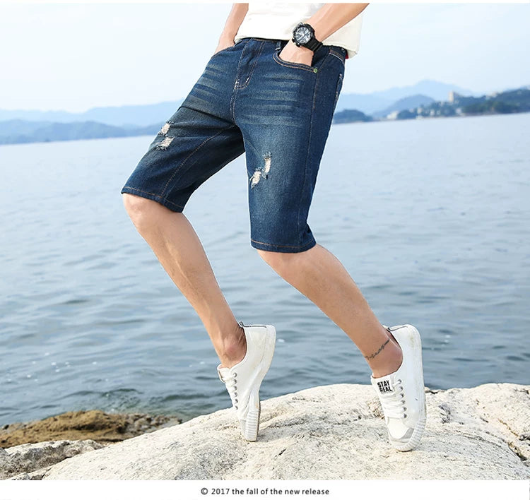 29-40 New Summer Men's Personalized Washable Perforated Denim Pants Large Casual Middle Pants