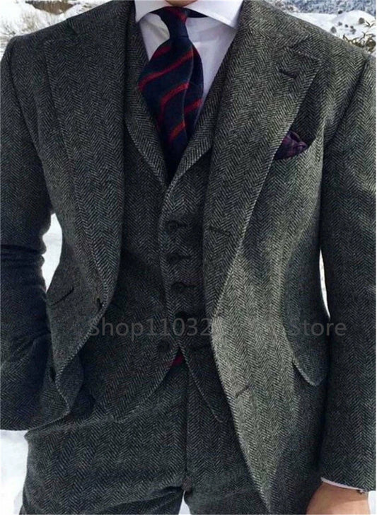 Gray Herringbone Winter Suit for Men Wool Tweed Slim Fit Formal Groom