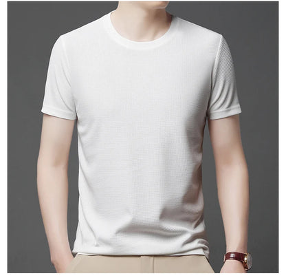 Men's New Summer Waffle round Neck Short Sleeve T-Shirt Comfortable Breathable Short-Sleeved Top for Casual Wear
