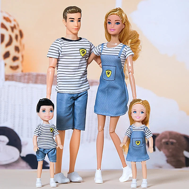 1/6  FamilyDoll Toy Set of 4 People Mom Dad Kids 30cm Barbies Doll Full Set With Clothes for Education Birthday Gift