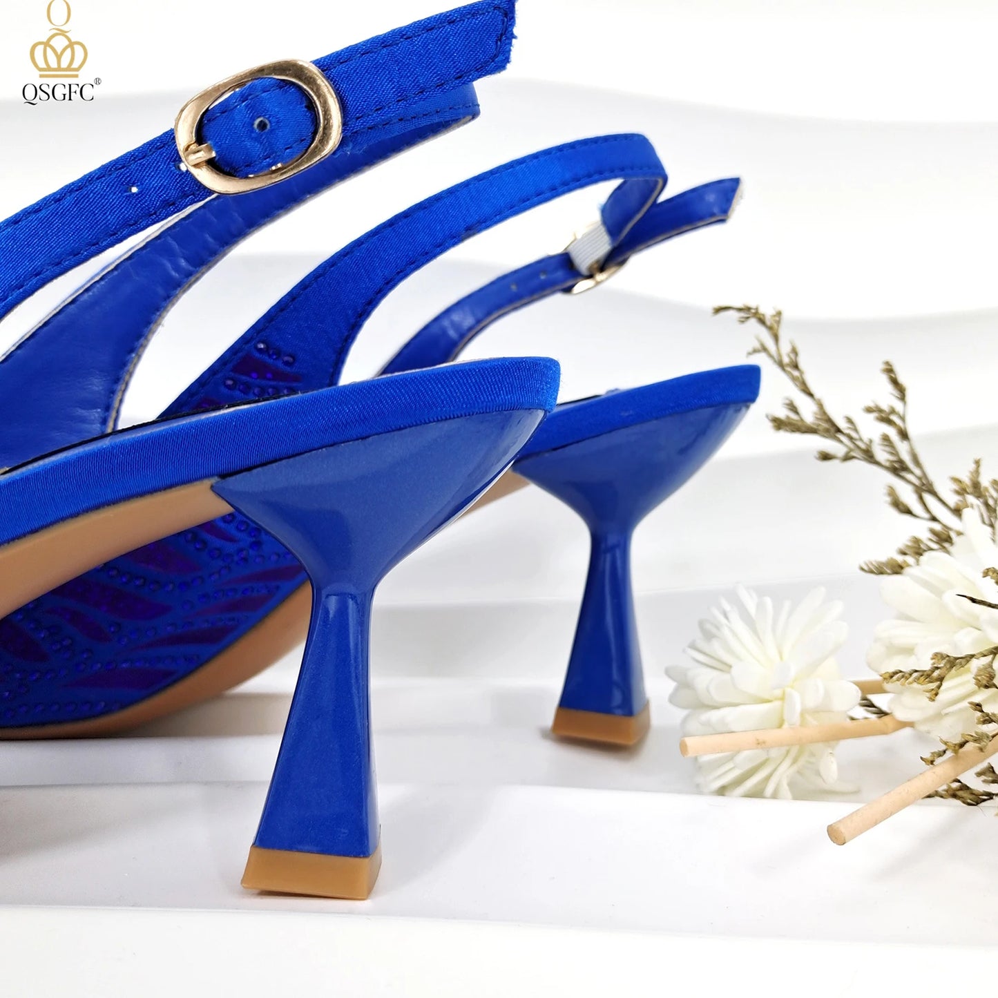 QSGFC New Arrival Fashion Shoes Matching Bag Set Royal Blue Color Decorated with Crystal Ladies Wedding Party Women High Heel
