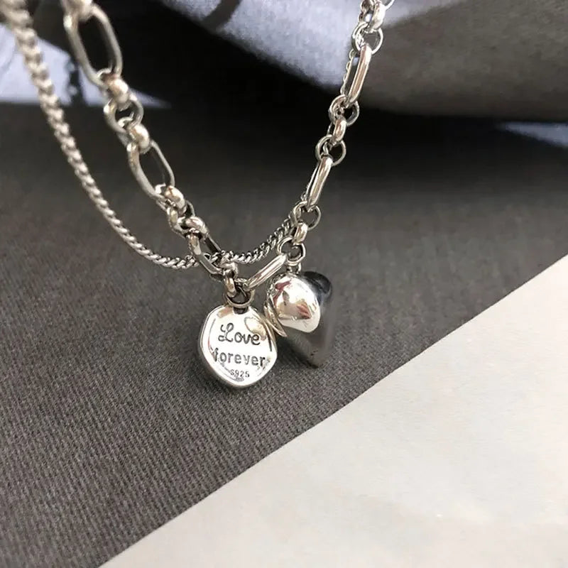 Elegant 925 Sterling Silver Love Letter Heart Double Layer Bracelet Female Unique Design Thai Silver Retro Light Luxury Jewelry