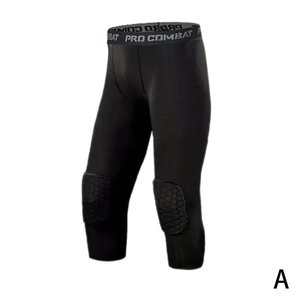 Men's Safety Anti-Collision Pants Basketball Training 3/4 Tights Leggings With Knee Pads