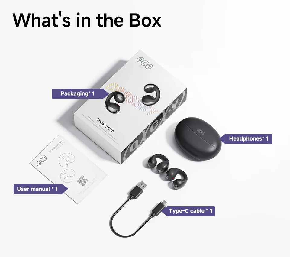 QCY Crossky C30 Open Ear Wireless Earphones Bluetooth 5.4 Spatial Audio Stable Fit OWS Earbuds 4 Mic ENC Multi-Point Connection