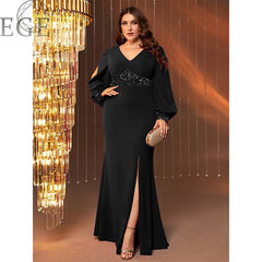 Plus Size Women Elegant Dresses Fashion Long Sleeve V-Neck Slim Party Dresses