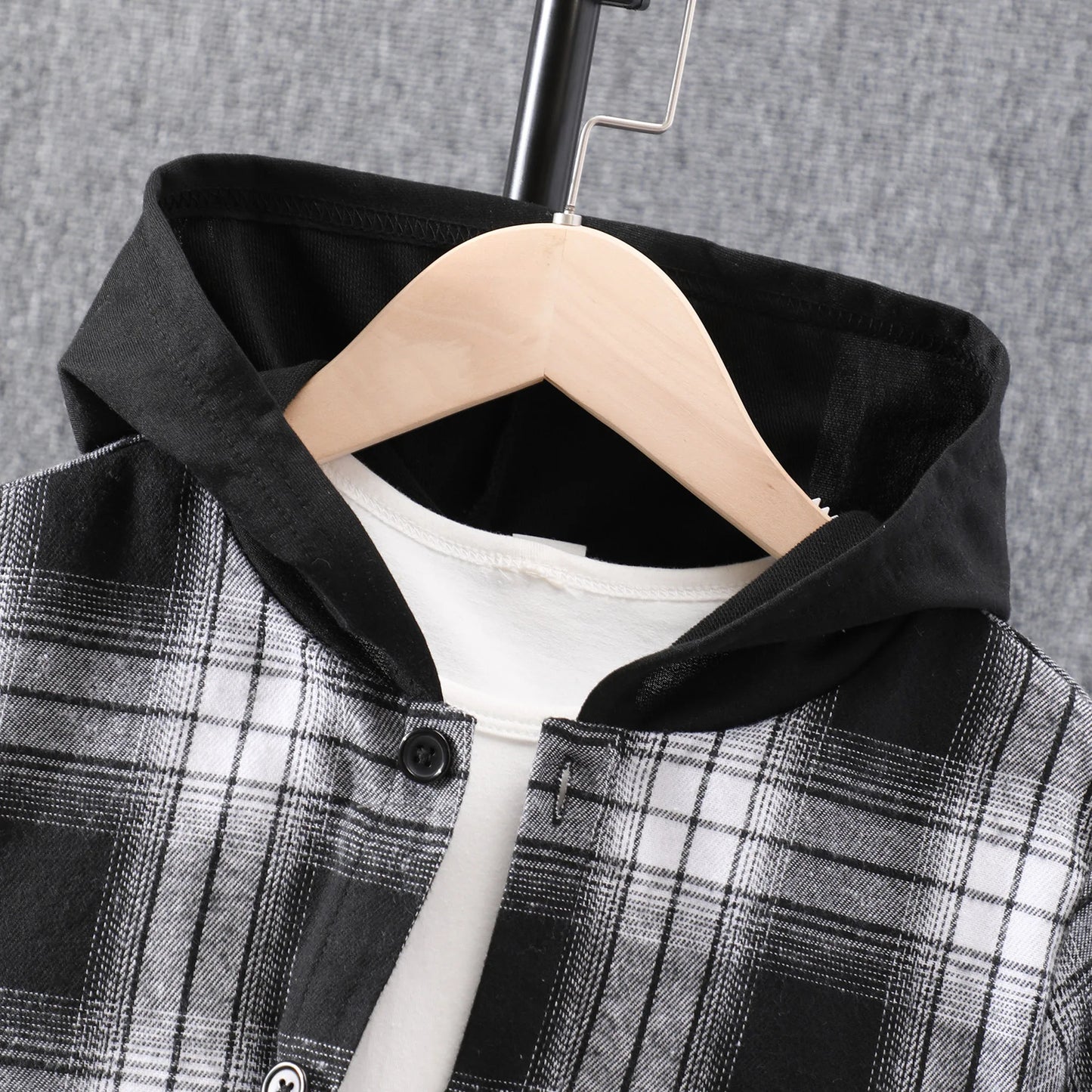 Boys Plaid Outfit Short Sleeves Button Down Hooded Shirt & Shorts Casual For Summer Kids Clothes