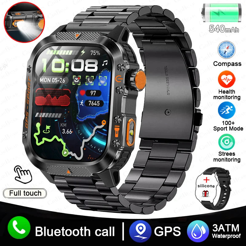 2025 New Military Outdoor Smart Watch Men's GPS Flashlight Bluetooth Call 2.01" AMOLED Screen 3ATM Waterproof Sports Smartwatch